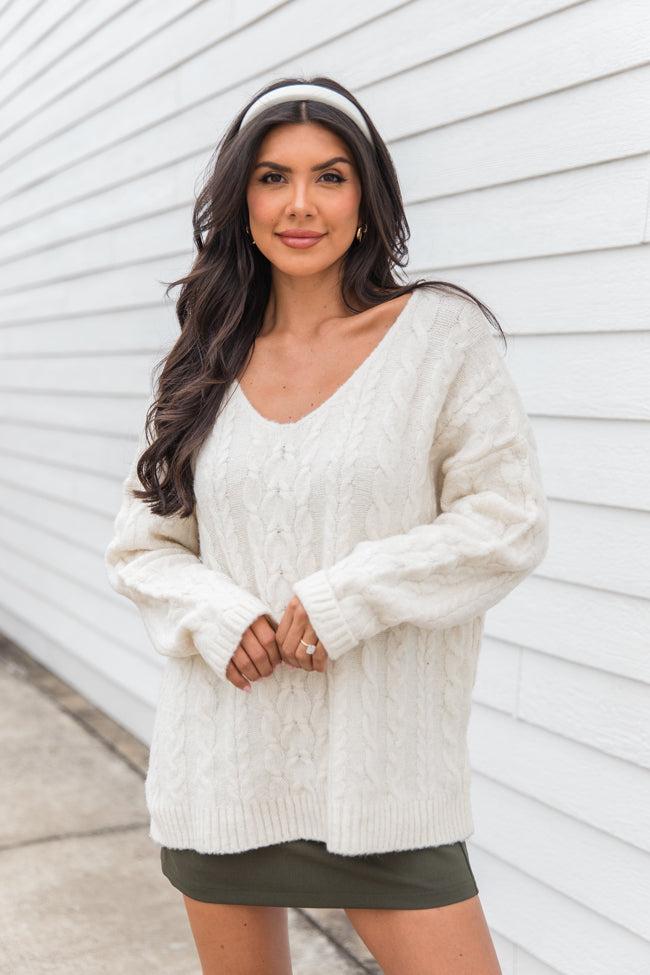 When You Call Ivory Oversized Cable Knit V-neck Sweater FINAL SALE Product Image
