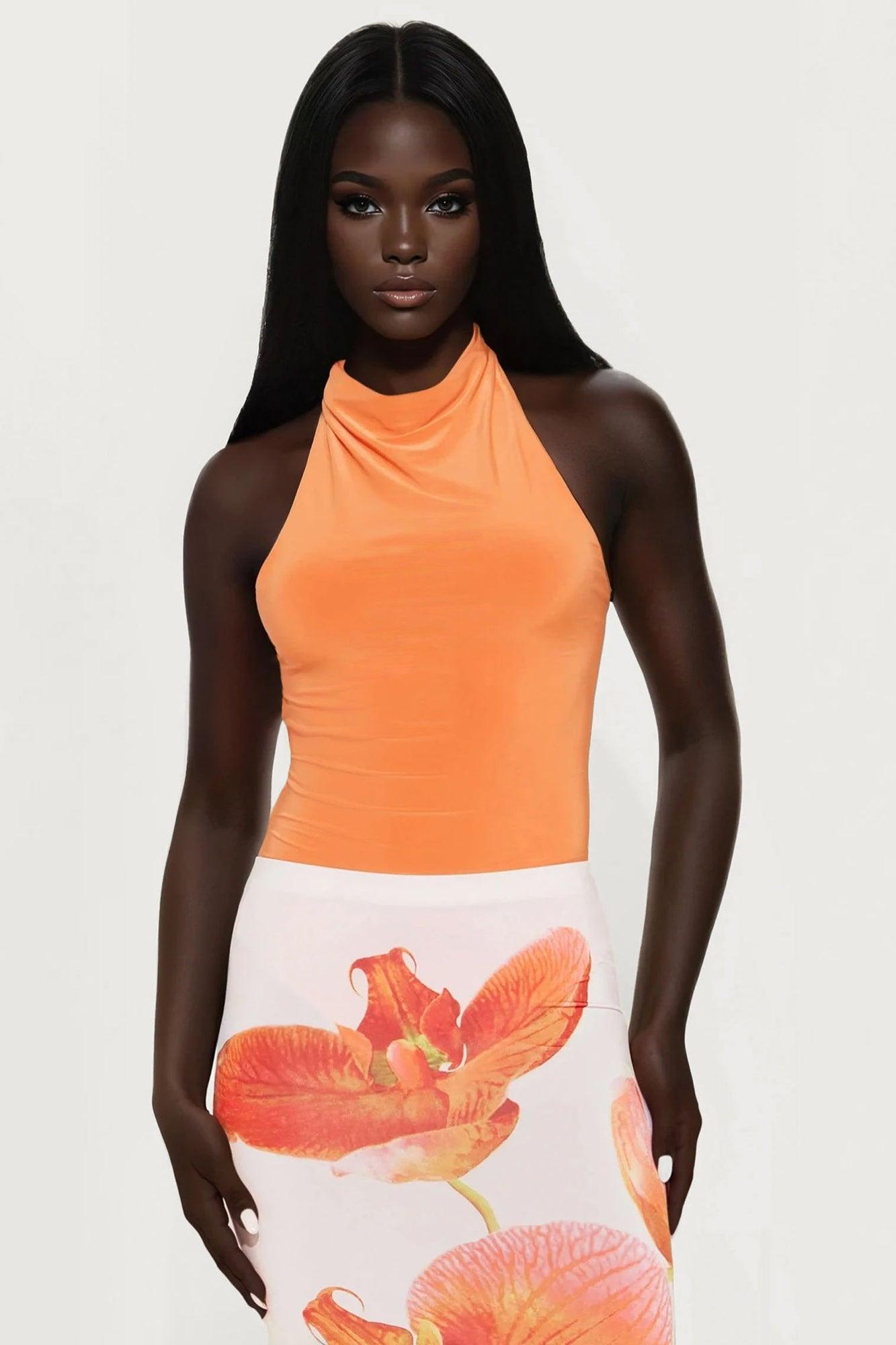 Trista Mock Neck Halter Bodysuit - Orange Female Product Image