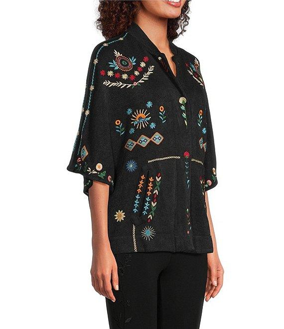 JOHNNY WAS Josiy Embroidered Rib Knit V-Neck 3/4 Sleeve Snap-Front Poncho Jacket Product Image