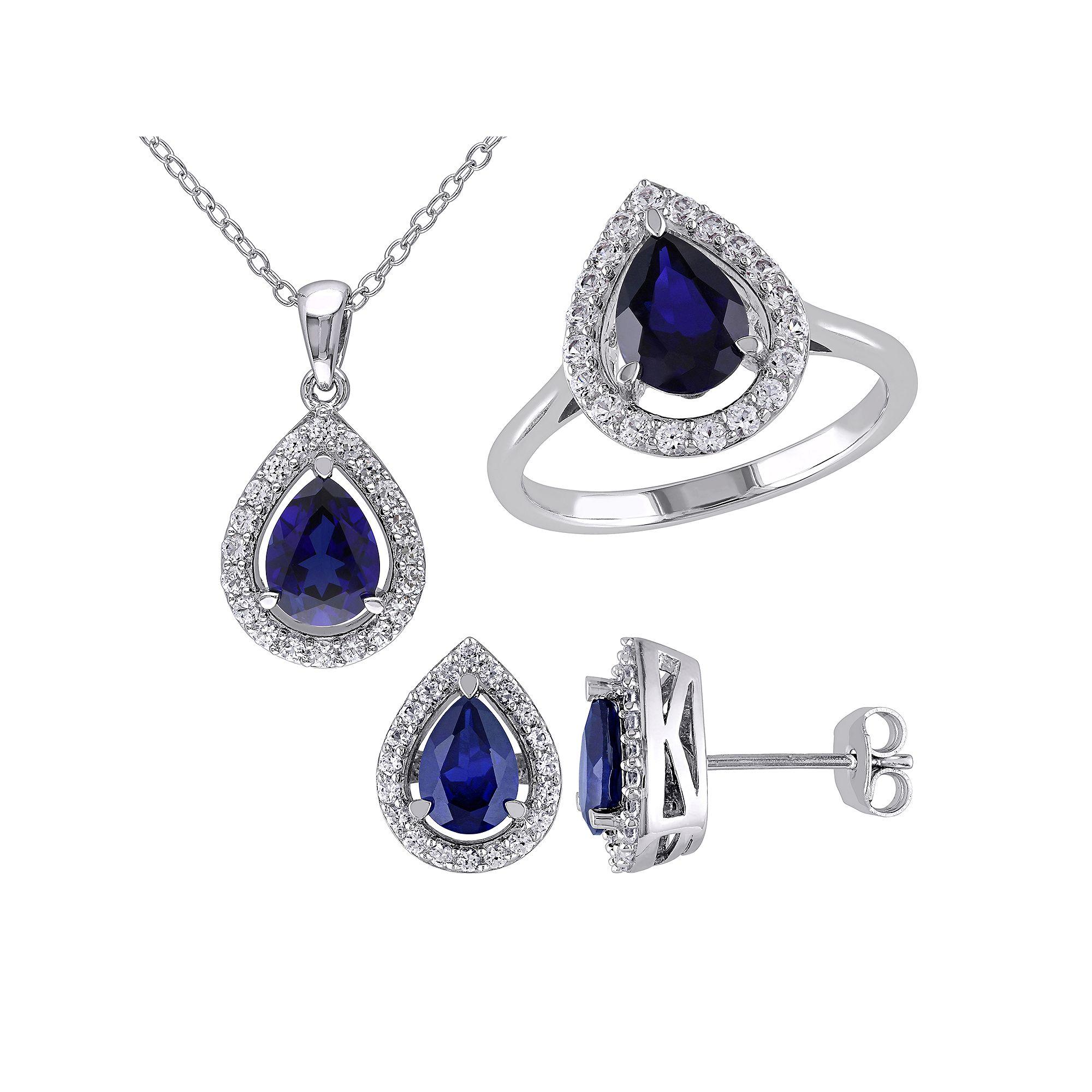 Stella Grace Sterling Silver Lab-Created Blue & White Sapphire Teardrop Pendant, Ring & Earring Set, Women's, Size: 9 Product Image