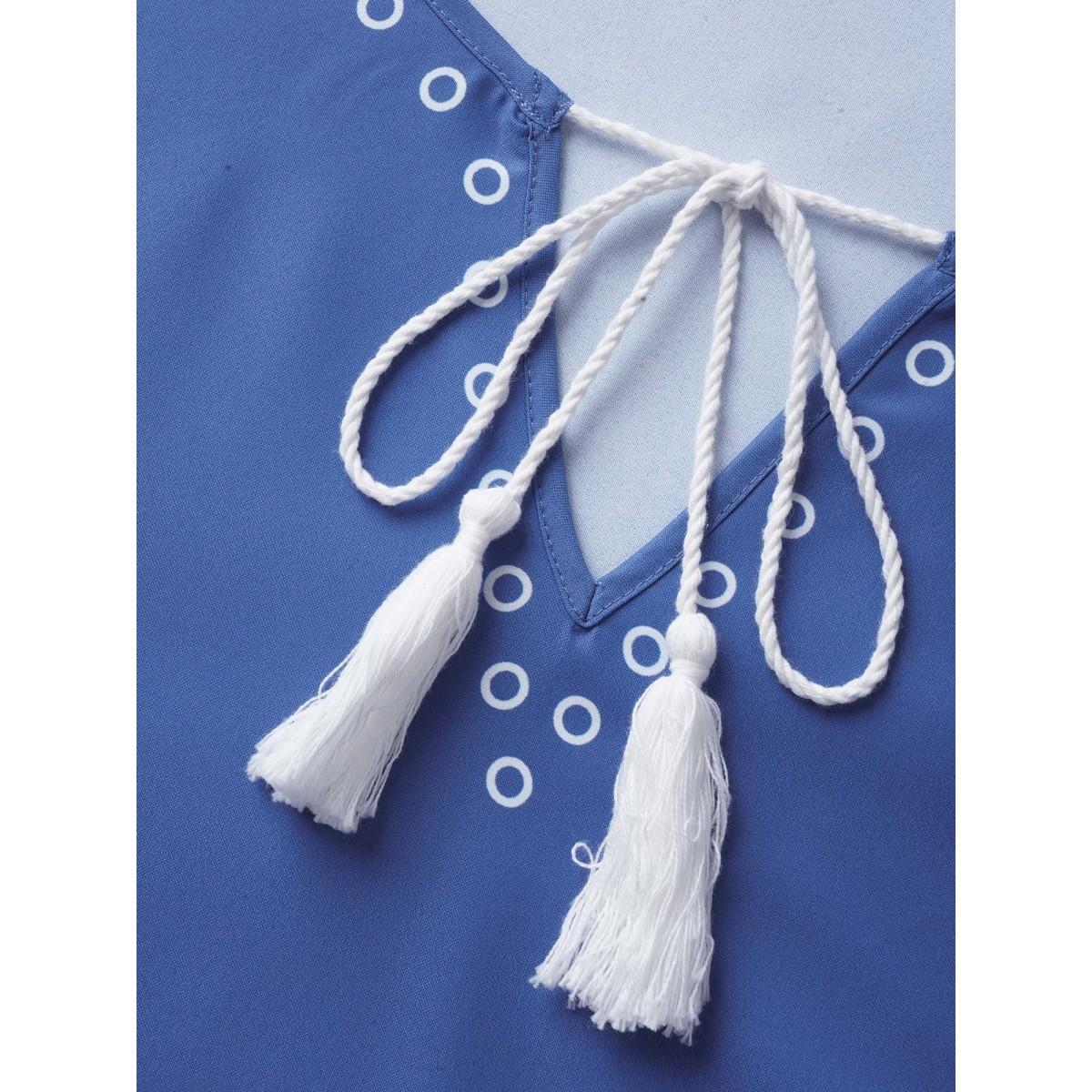 Plus Size Boho Print Tassels Ruffle Sleeve Dress LightBlue Women Resort Tassels Notched collar Cap Sleeve Curvy Midi Dress BloomChic 10/M Product Image