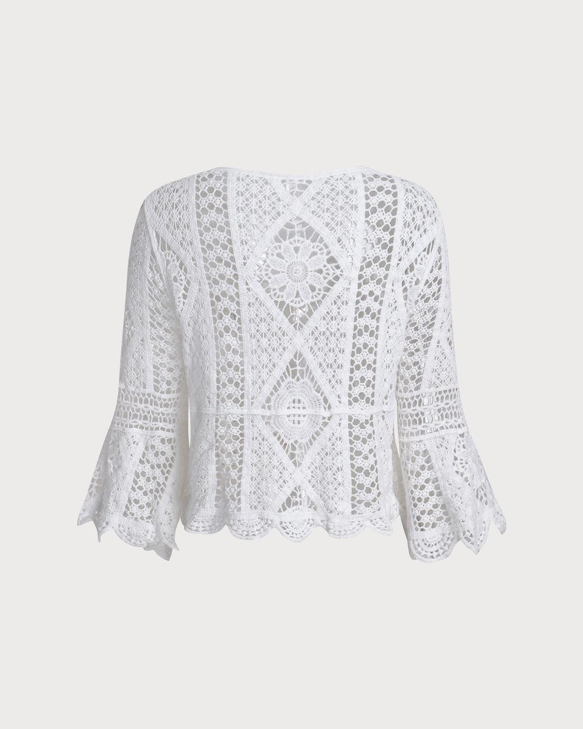 White V Neck Crochet Bell Sleeve Blouse Product Image