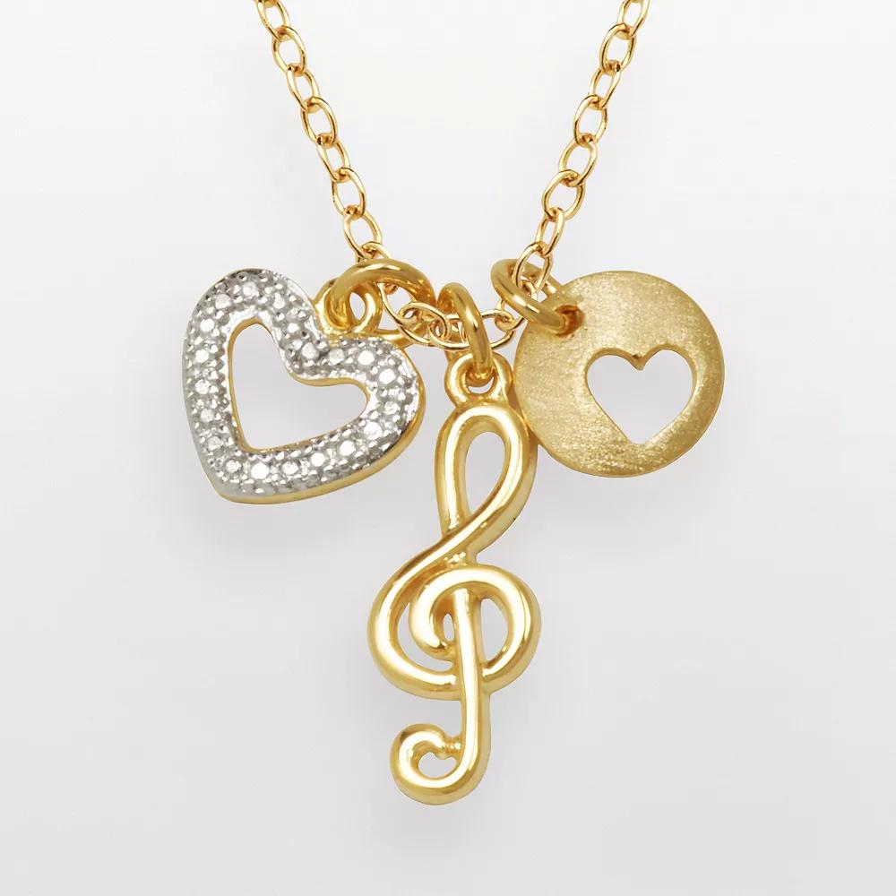 18k Gold Over Silver-Plated and Silver-Plated Diamond Accent Treble Clef and Heart Charm Necklace, Women's, Multicolor Product Image