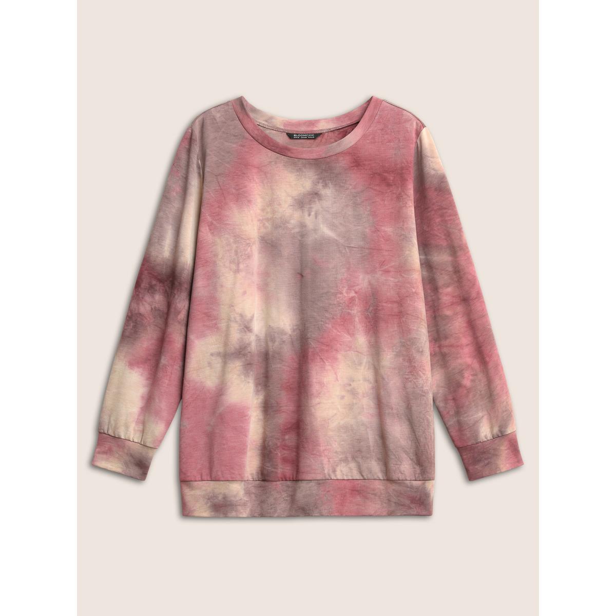 Plus Size Tie Dye Round Neck Sweatshirt Women Burgundy Casual Non Round Neck Everyday Sweatshirts BloomChic 10/M Product Image