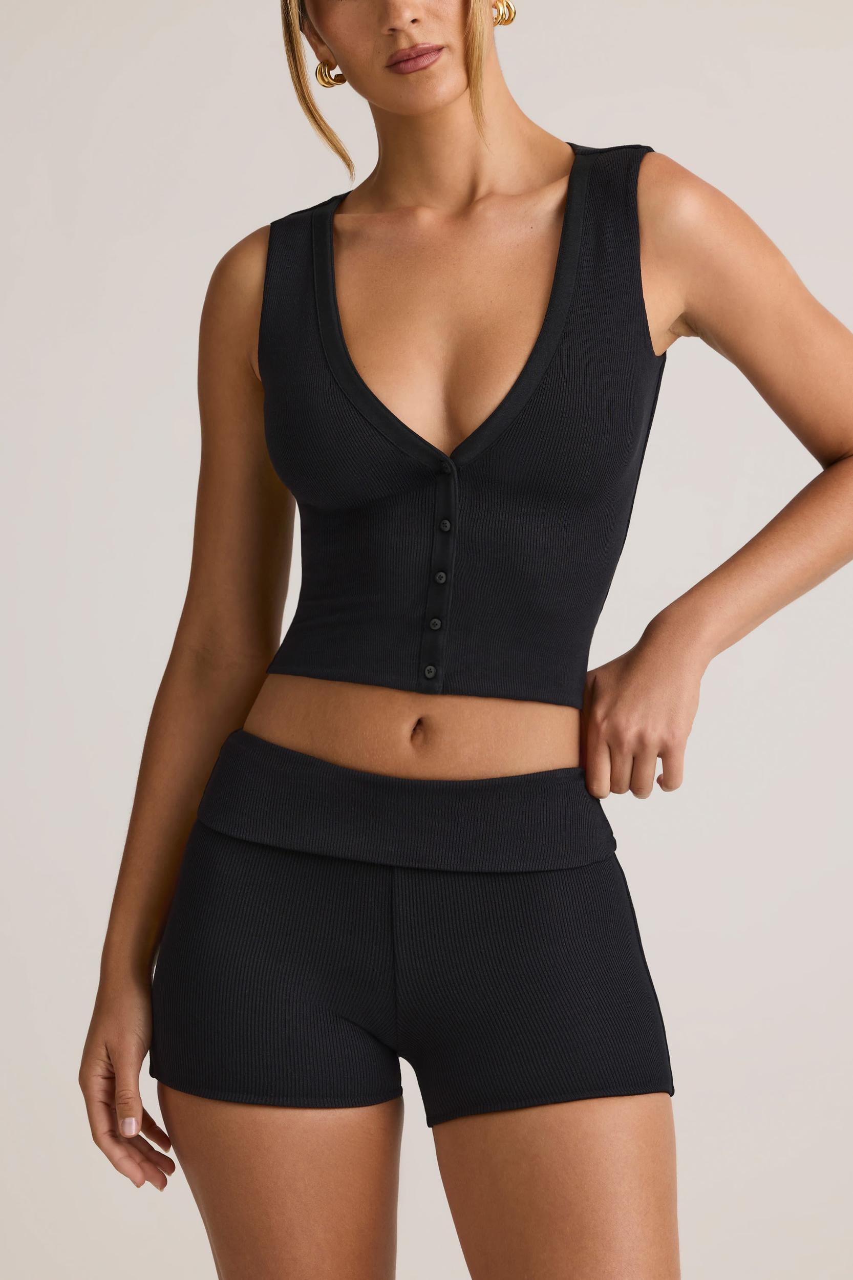 Modal Ribbed Mid-Rise Foldover Shorts in Black Product Image