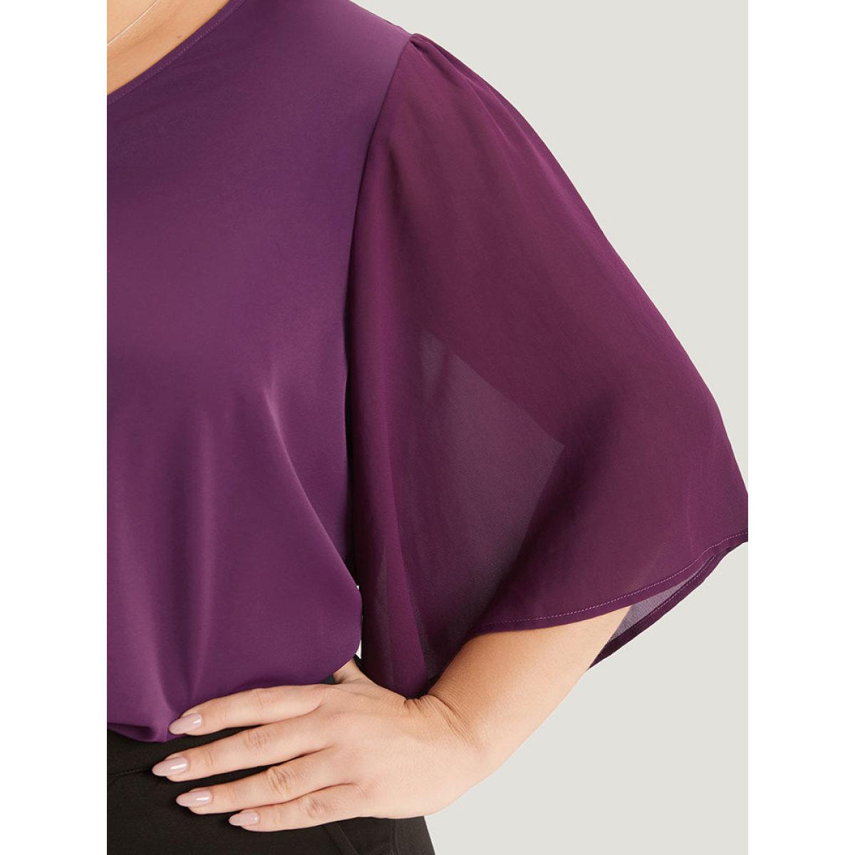 Plus Size Purple Anti-Wrinkle Plain V Neck Mesh Patchwork Flutter Sleeve Blouse Women Office Half Sleeve V-neck Office Blouses BloomChic 10/M Product Image