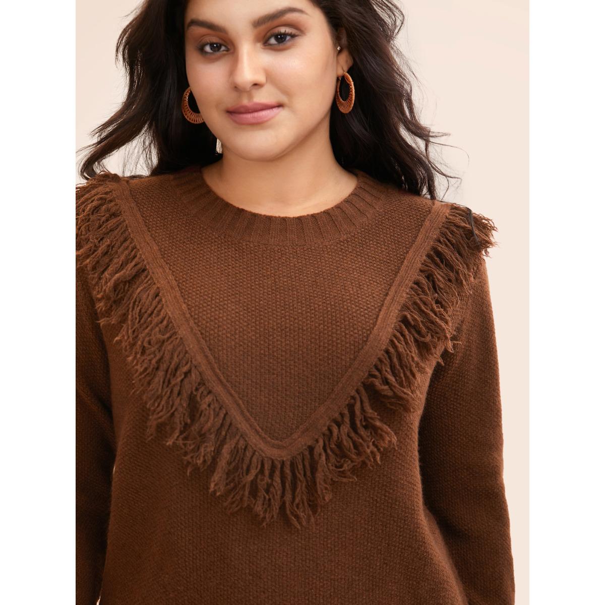 Plus Size Tassel-Front High Neck Pullover DarkBrown Women Casual Long Sleeve Round Neck Everyday Pullovers BloomChic 18-20/2X Product Image