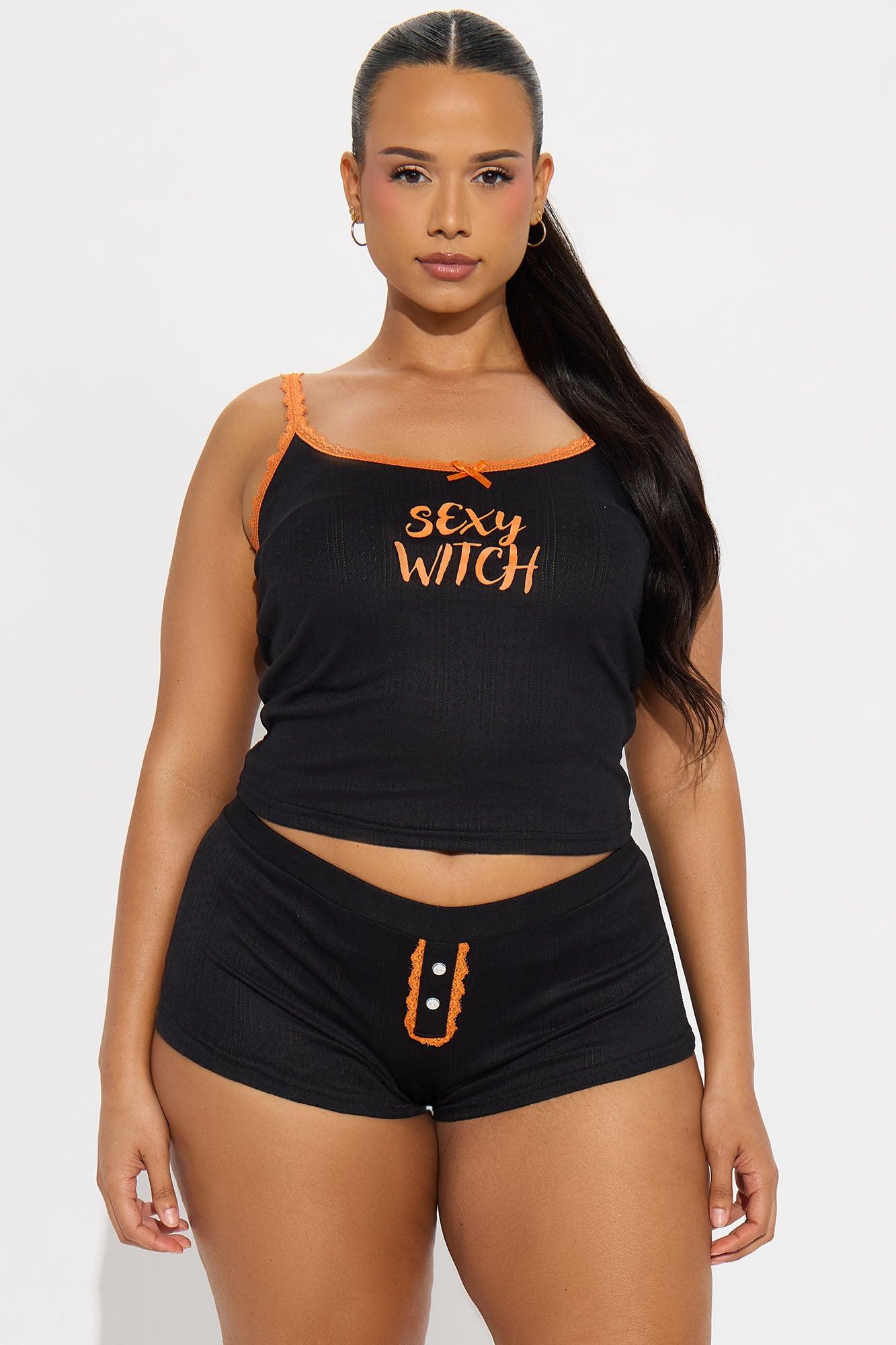 Sexy Witch Halloween 2 Piece Pointelle Cami And Panty Set - Black/Orange Female Product Image
