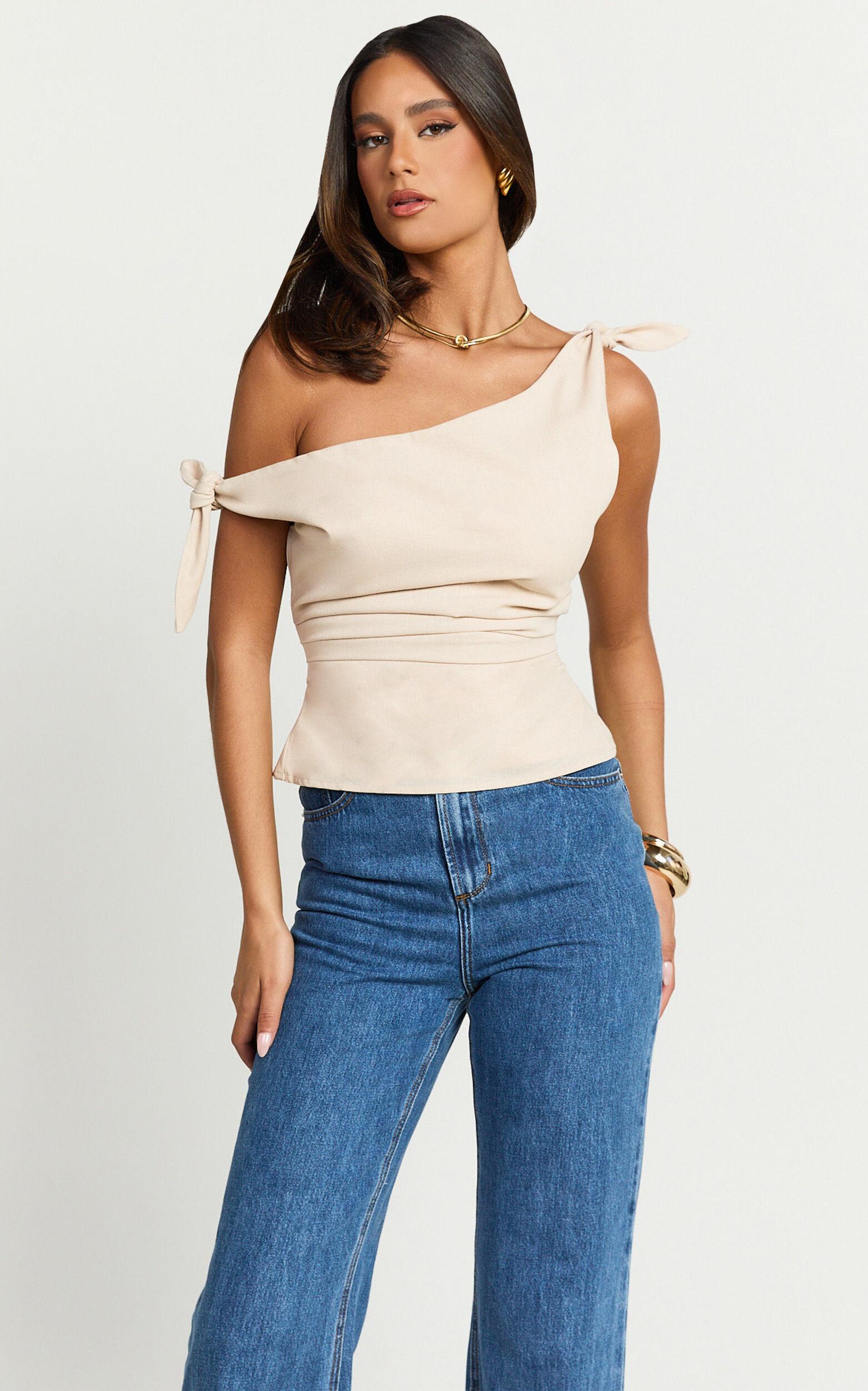 Ivy Top - Linen Off Shoulder Tie Top in Oatmeal Product Image