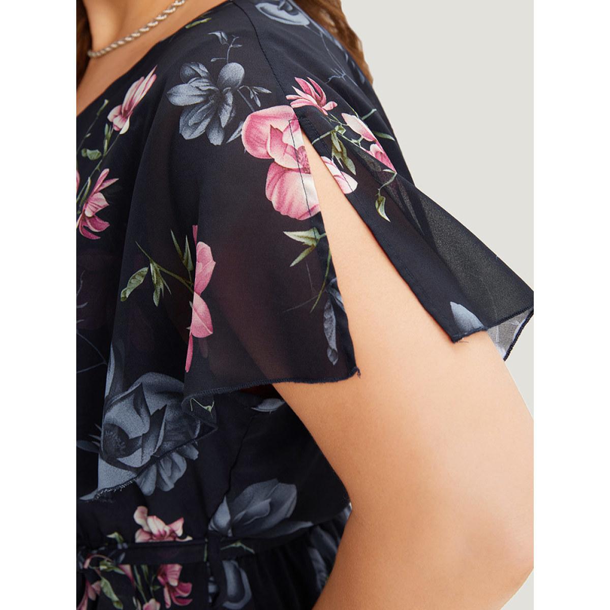 Plus Size Multicolor Floral Split Batwing Sleeve Wrap Mesh Belted Blouse Women Glamour Cap Sleeve Deep V-neck Going out Blouses BloomChic 28/5X Product Image