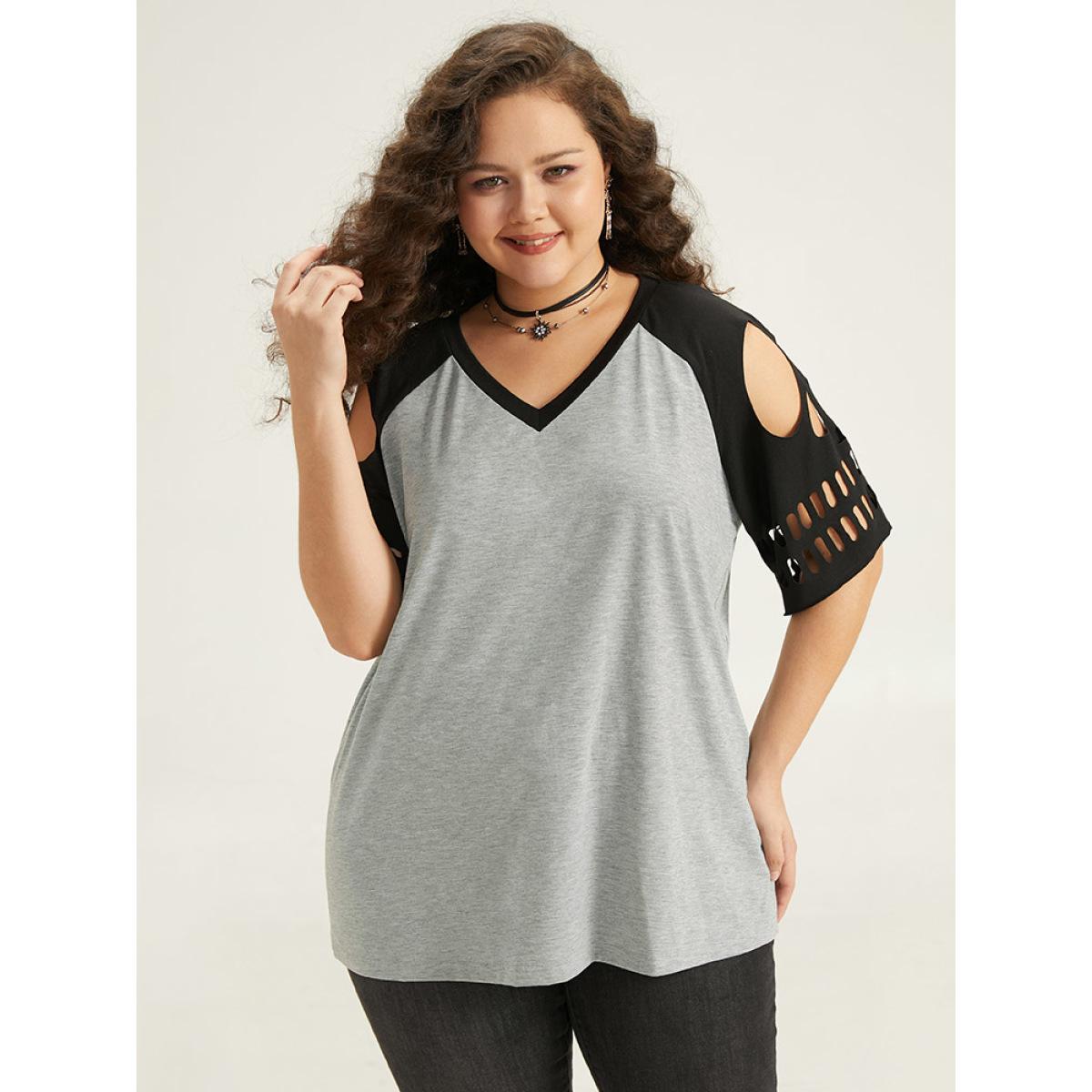 Plus Size Halloween Skull Cut Out Raglan Sleeve T-shirt Gray Women Casual Patchwork Graphic-Halloween V-neck Festival-Halloween T-shirts BloomChic 12/L Product Image