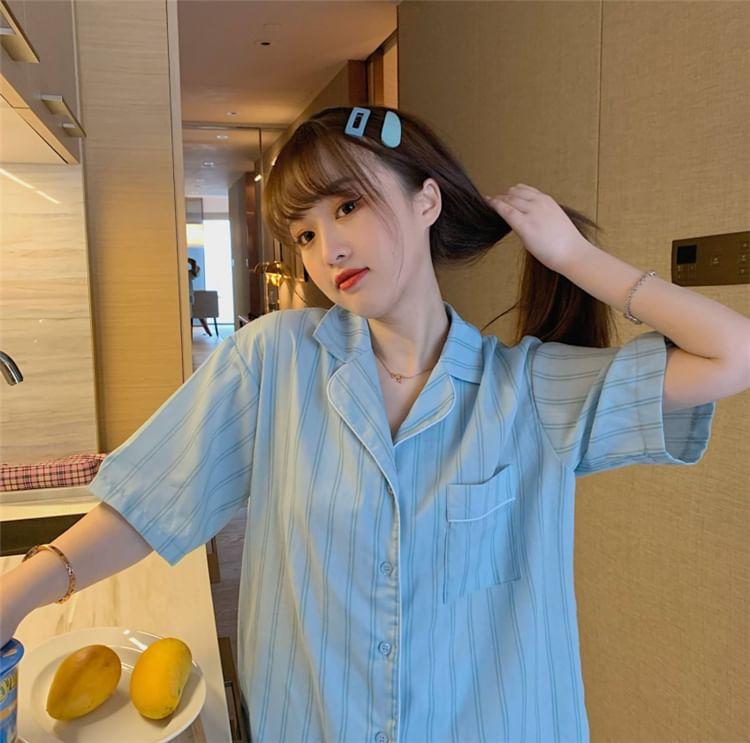 Pajama Set: Striped Short-Sleeve Blouse + Shorts Product Image