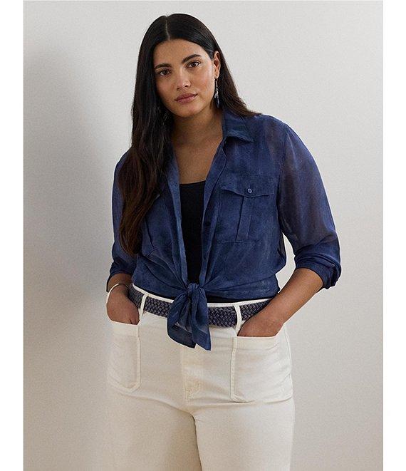 Lauren Ralph Lauren Plus Size Sheer Chiffon Cerulean Print Point Collar Long Sleeve Shirt Product Image