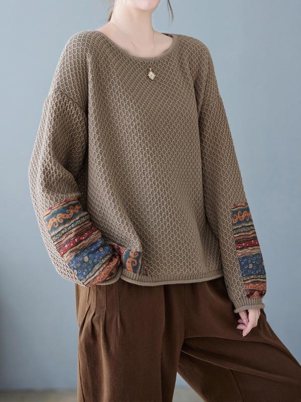 Long Sleeves Loose Printed Split-Joint Round-Neck Pullovers Sweater Tops Product Image