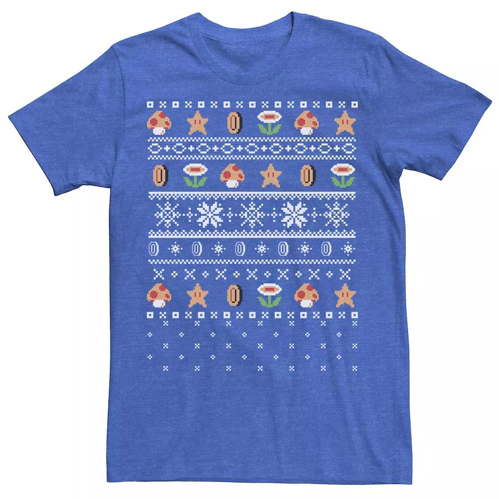 Mens Nintendo Super Mario Stars & Flowers Holiday Pattern Tee Royal Grey Product Image