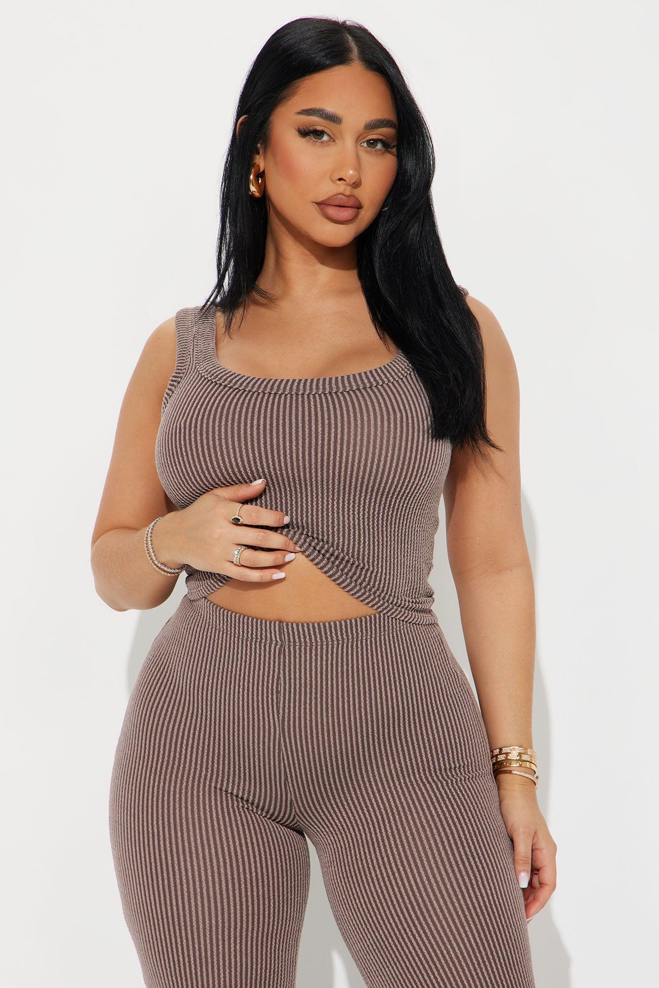 Weekend Vibe Ribbed 3 Piece Pant Set - Brown Product Image