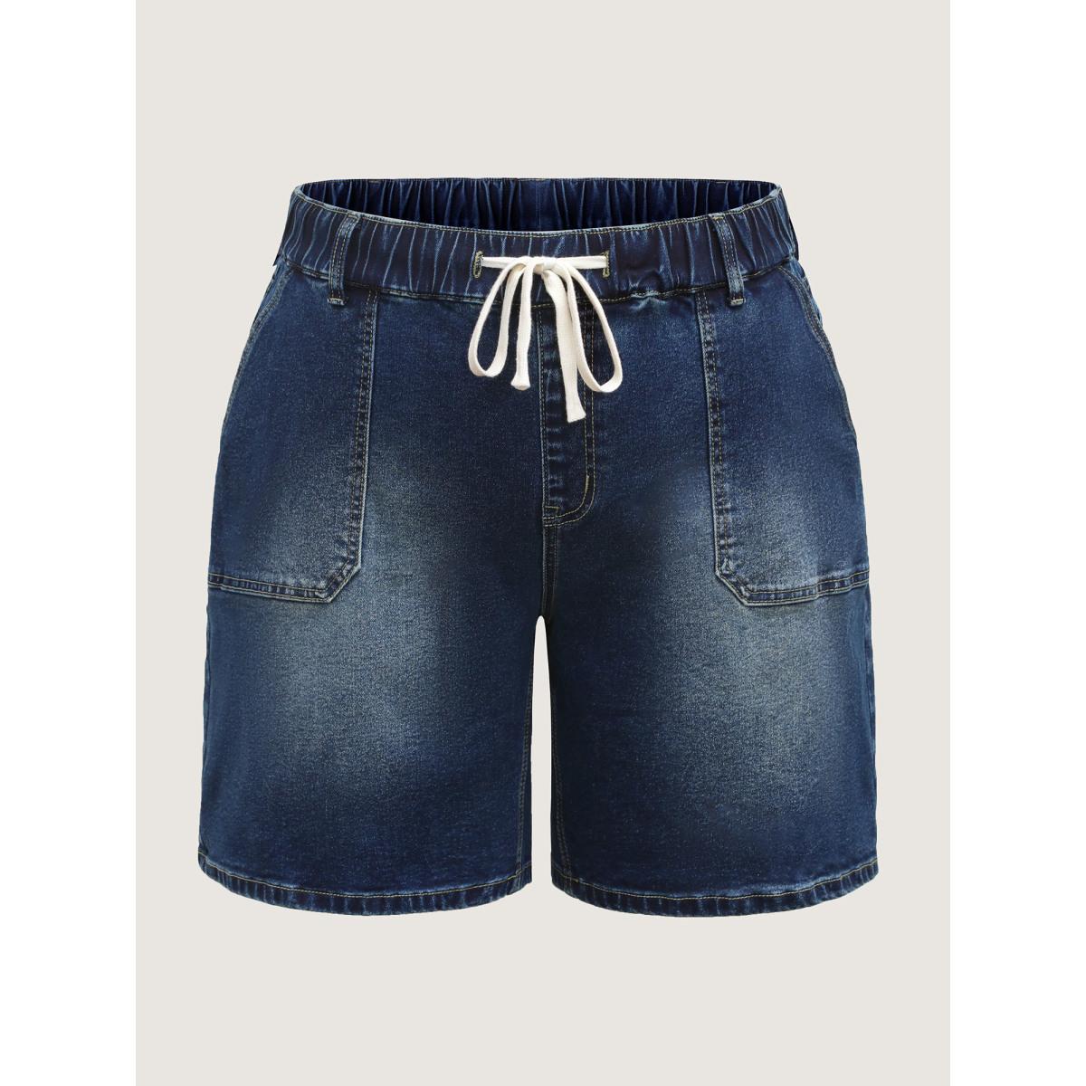 Plus Size Pull-On Elastic Waistband Denim Shorts Women Midblue High stretch Casual Slanted pocket Leisure Denim Shorts BloomChic 16/1X Product Image