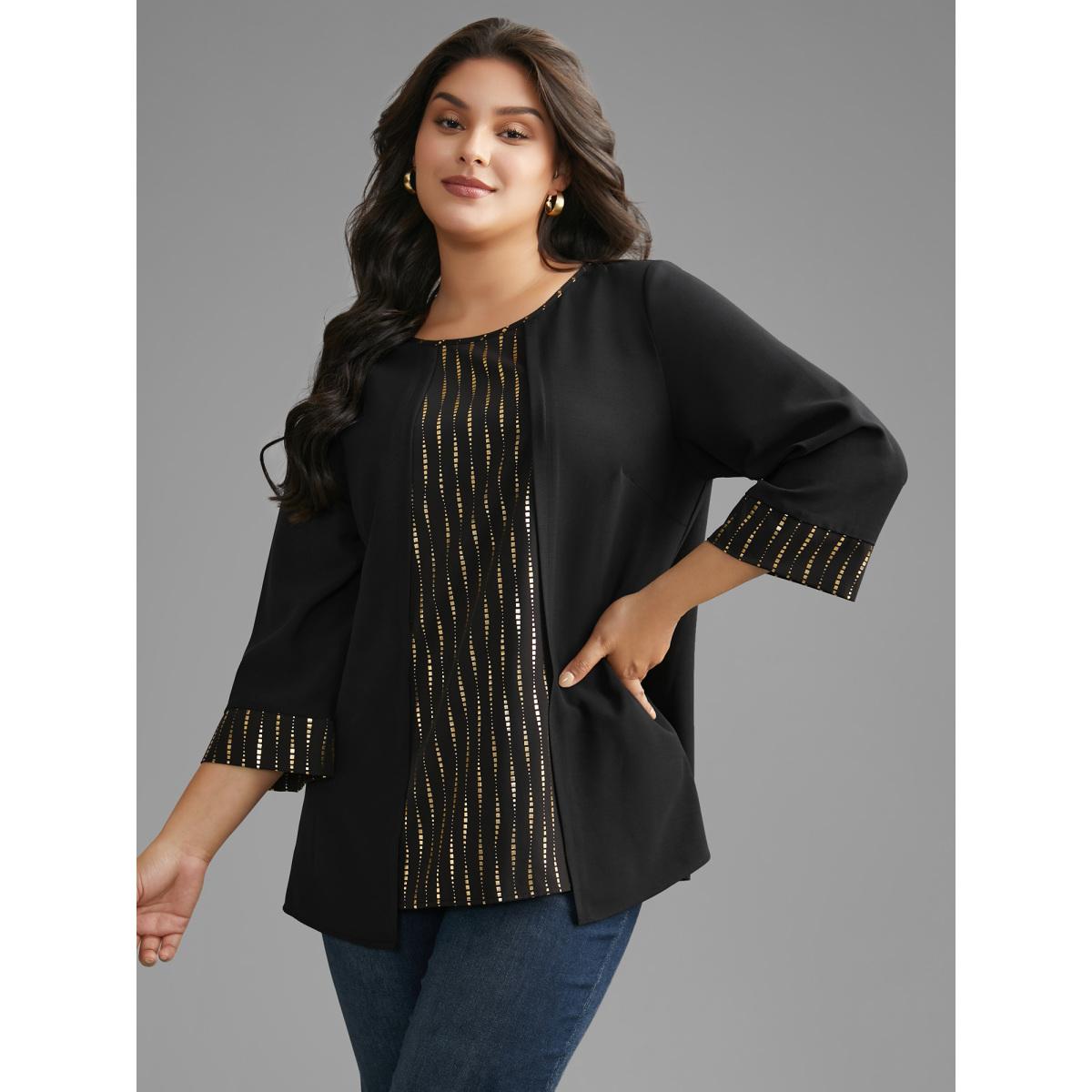 Plus Size Black Crew Neck Glitter Patchwork Contrast Blouse Women Cocktail Long Sleeve Round Neck Party Blouses BloomChic 12/L Product Image
