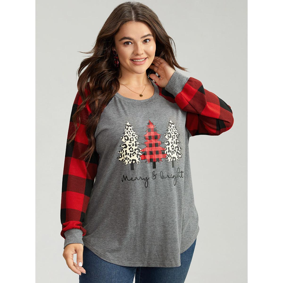 Plus Size Plaid Christmas Trees Round Neck T-shirt Gray Women Casual Contrast Christmas Festival-Christmas T-shirts BloomChic 22-24/3X Product Image