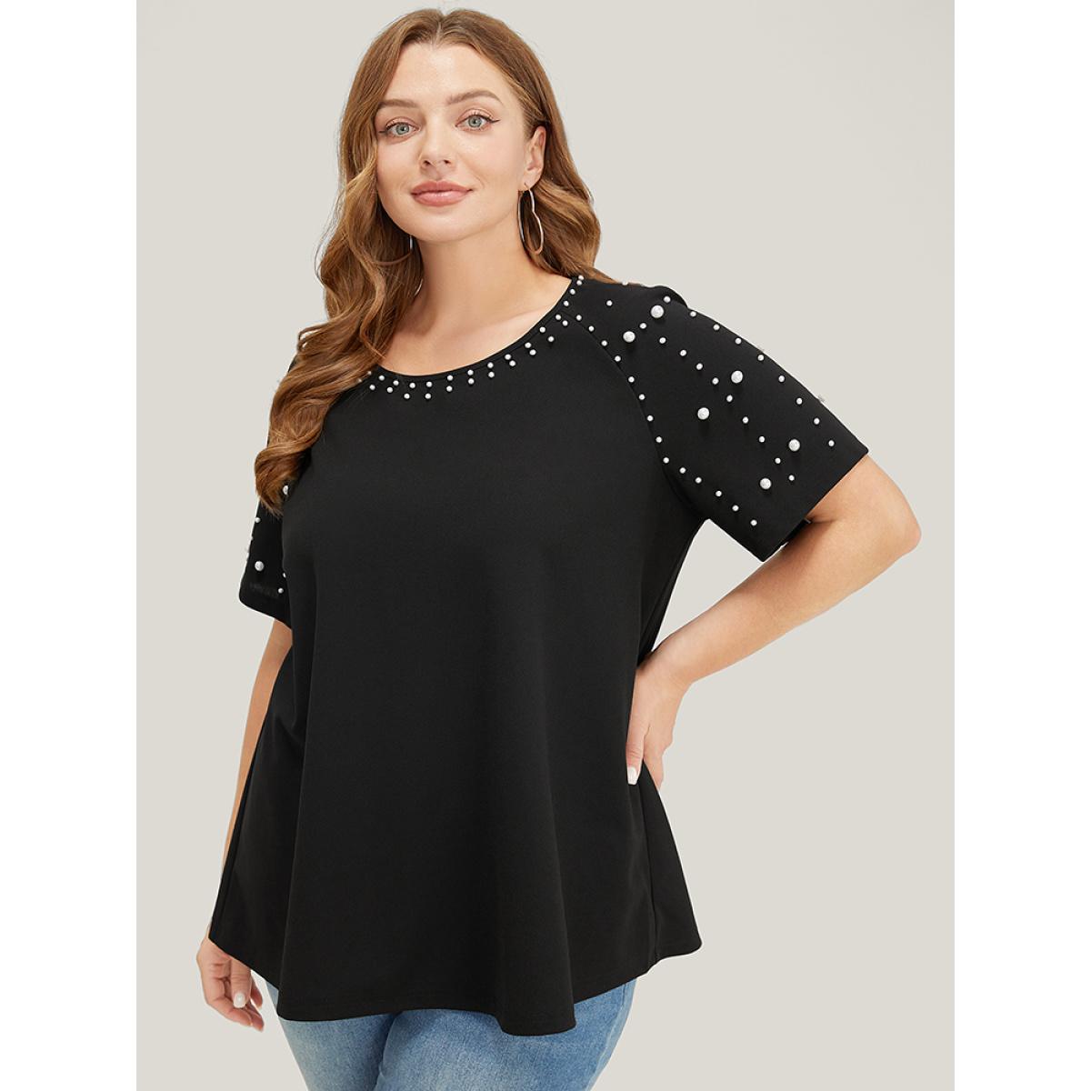 Plus Size Solid Raglan Sleeve Pearl Beaded T-shirt Black Women Elegant Beaded Plain Round Neck Dailywear T-shirts BloomChic 12/L Product Image