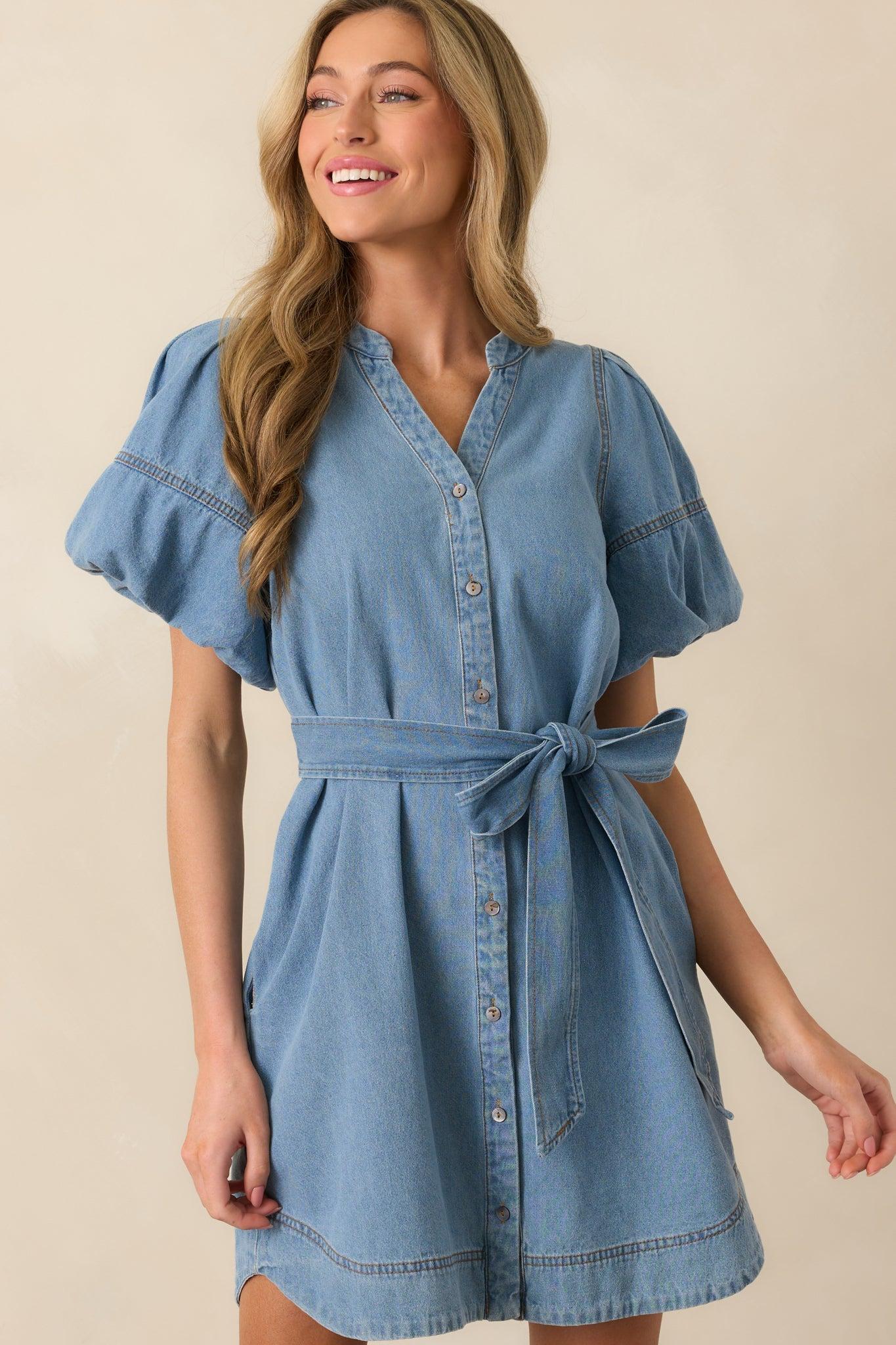 Rooftop Soiree Light Wash Denim Button Front Mini Dress Product Image