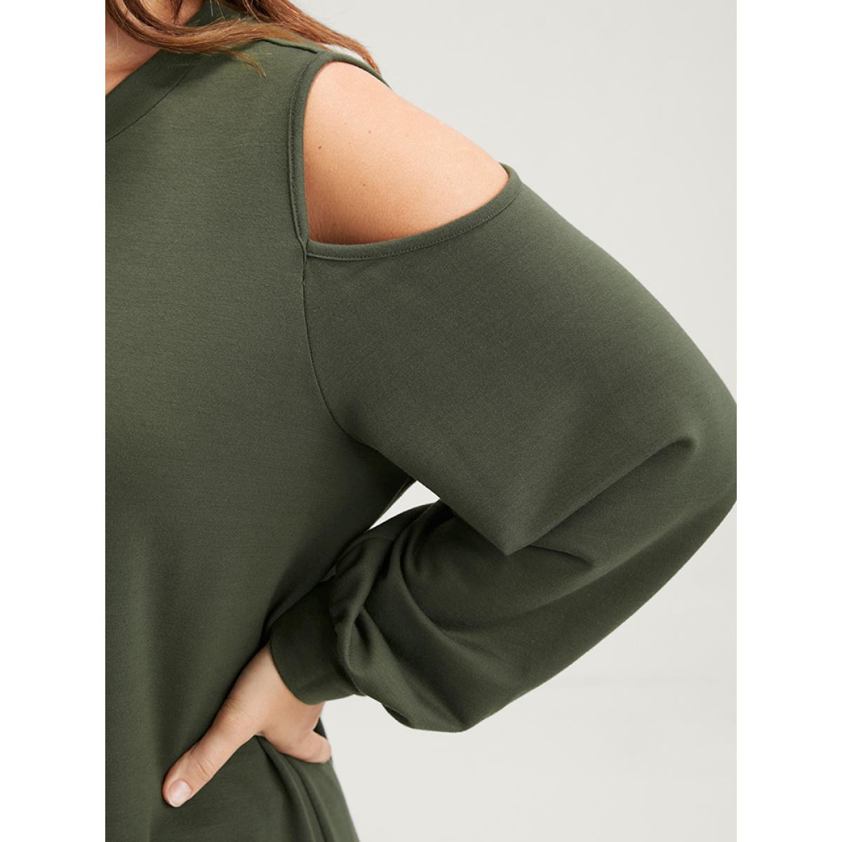 Plus Size Floral Print Cold Shoulder Sweatshirt Women ArmyGreen Elegant Printed Loose Round Neck Dailywear Sweatshirts BloomChic 18-20/2X Product Image