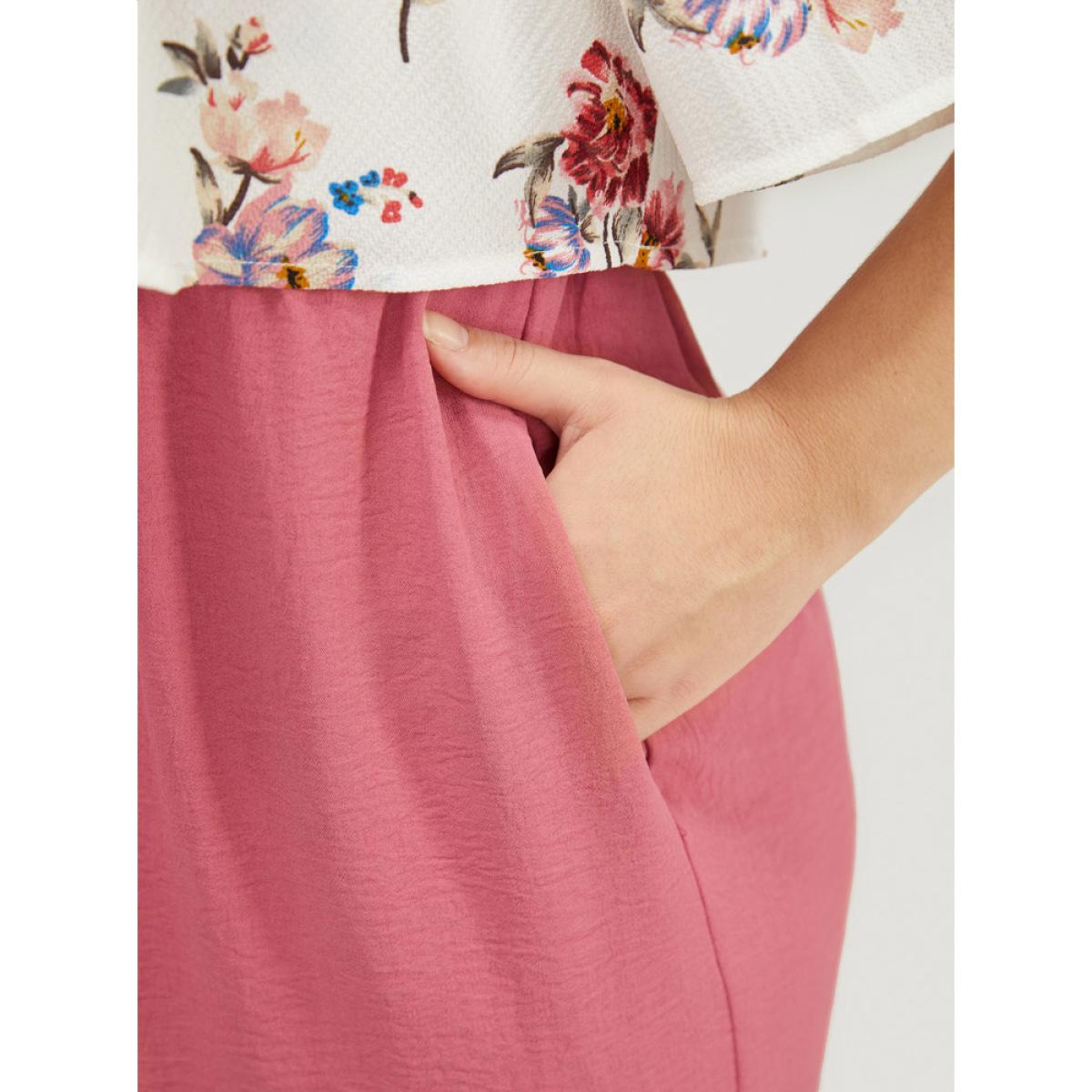 Plus Size DustyPink Floral Patchwork Pocket Ruffle Trim Cold Shoulder Jumpsuit Women Elegant Short sleeve Cold Shoulder Dailywear Loose Jumpsuits BloomChic 30/6X Product Image