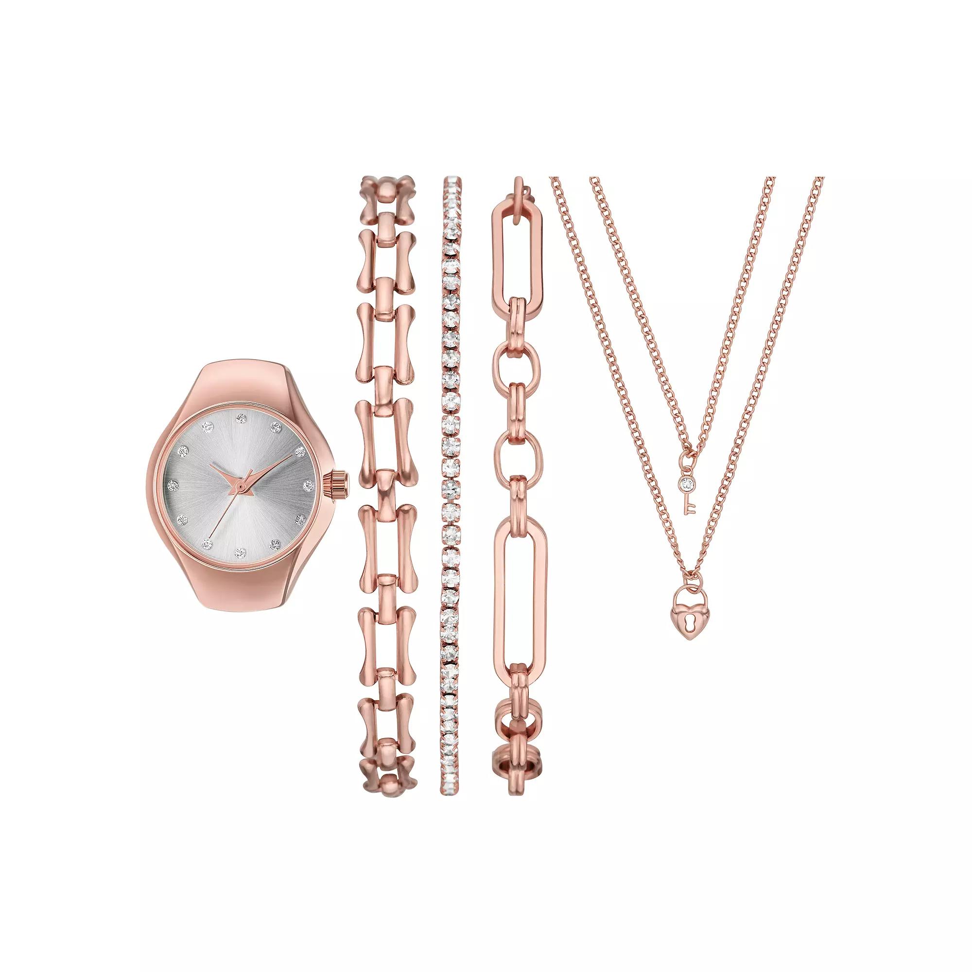 Folio Women's Rose Gold Stackable Ring Watch Set, Pink Product Image