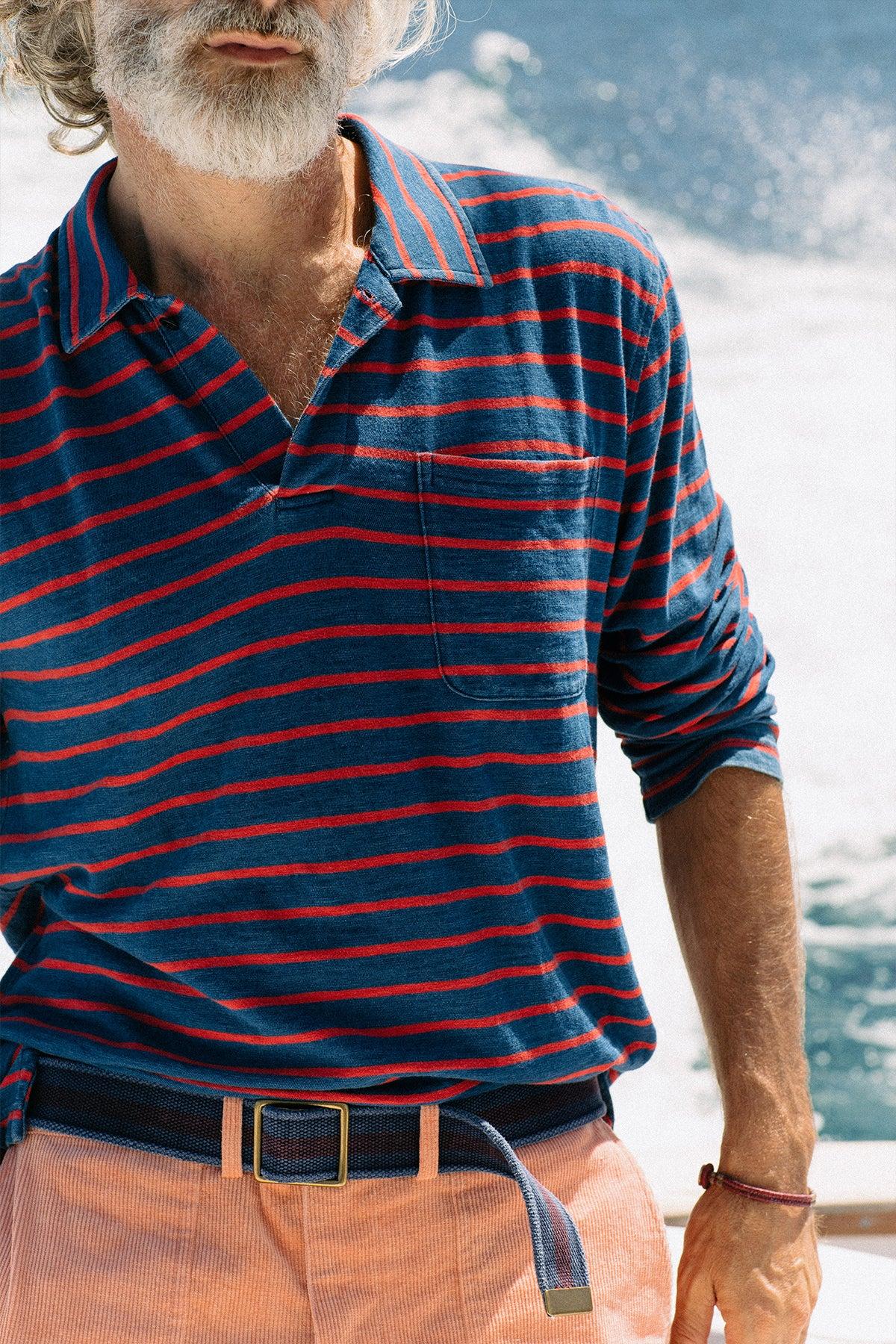 Long Sleeve Indigo Polo in 3/4" Red/Navy Stripe Product Image