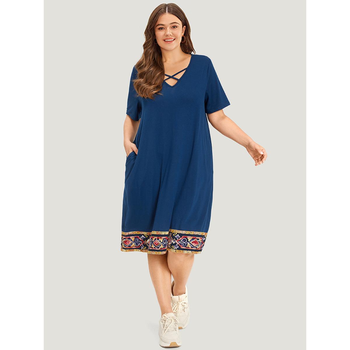 Plus Size Supersoft Essentials Embroidered Patchwork Pocket Crisscross Neck Dress DarkBlue Women Casual Plain V-neck Short sleeve Curvy Midi Dress BloomChic 14-16/1X Product Image