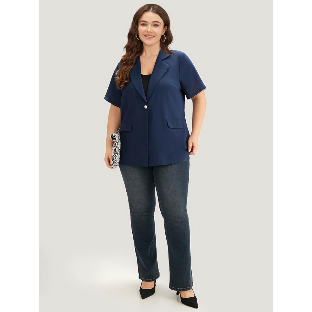 Plus Size Plain Button Through Flap Pocket Suit Collar Blazer Indigo Women Dailywear Plain Drape Sleeve Short sleeve Lapel Collar 14-16/1X Pocket Casual Blazers BloomChic Product Image