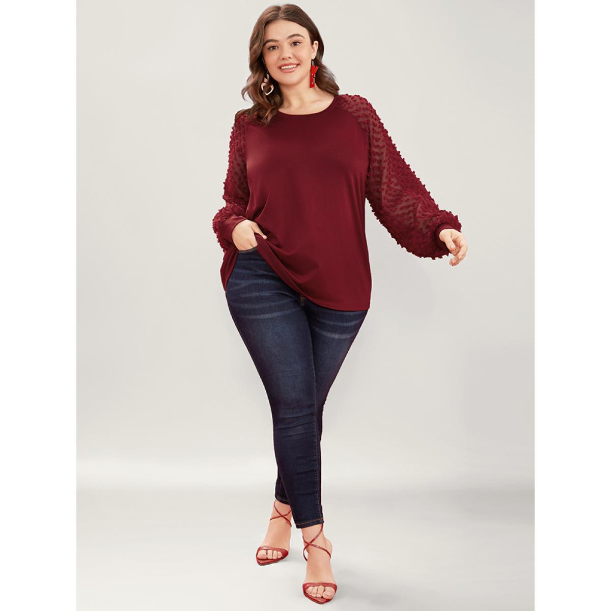 Plus Size Solid Mesh Patchwork Embroidered Round Neck Long Tee Scarlet Women Elegant See through Plain Round Neck Dailywear T-shirts BloomChic 12/L Product Image