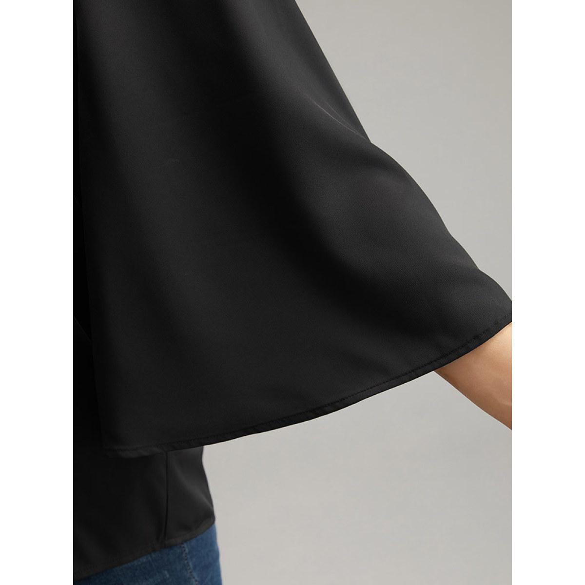 Plus Size Black Twill Rhinestone V Neck Ruffle Sleeve Blouse Women Glamour Elbow-length sleeve V-neck Going out Blouses BloomChic 26/4X Product Image