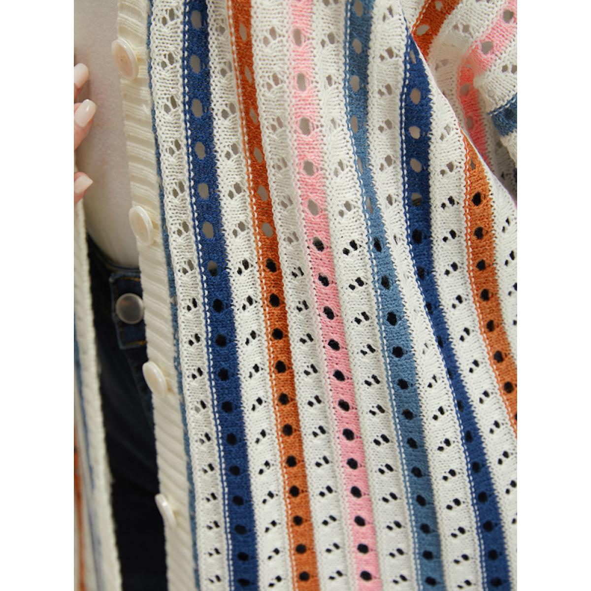 Plus Size Rainbow Striped Button Through Eyelet Cardigan Multicolor Women Casual Loose Long Sleeve Dailywear Cardigans BloomChic 26/4X Product Image