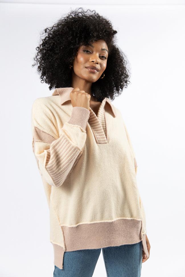 Think About It Cream and Mauve Collared Oversized Sweater Product Image