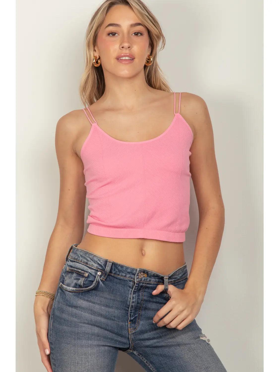 Pink Crop Stretchy Double Strap Slim Fit Tank Top Product Image