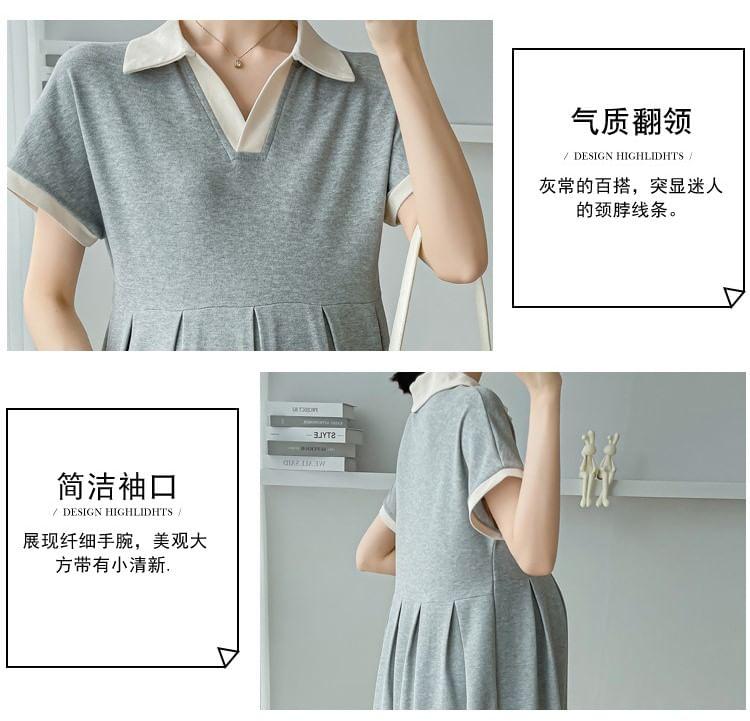 Maternity Short-Sleeve Collar Contrast Trim Midi A-Line Dress Product Image