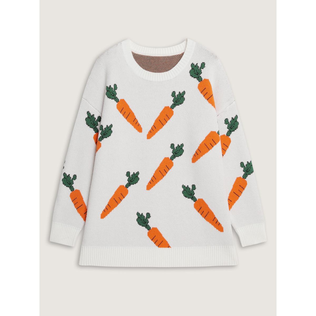 Plus Size Carrot Pattern Round Neck Ribbed Pullover Beige Women Playful Loose Long Sleeve Round Neck Casual Pullovers BloomChic 14-16/1X Product Image