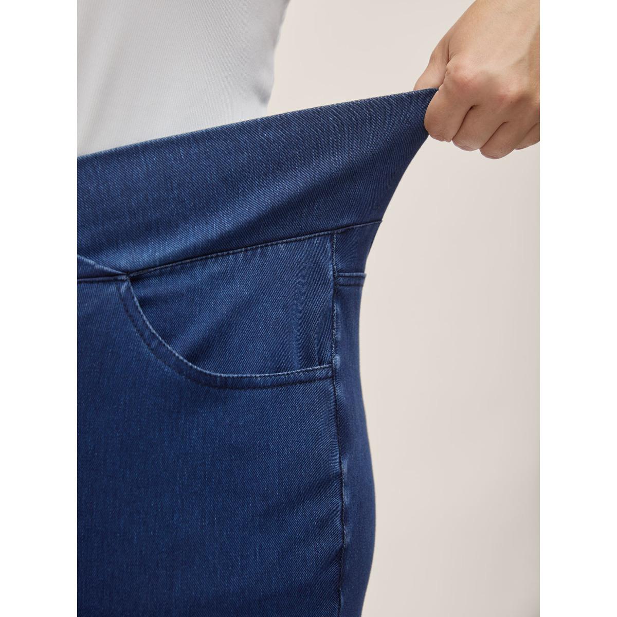 Plus Size Overlap Hem Yoga Stretch Skinny Knit Jeans Women Midblue High stretch Slanted pocket Jeans BloomChic 26/4X Product Image