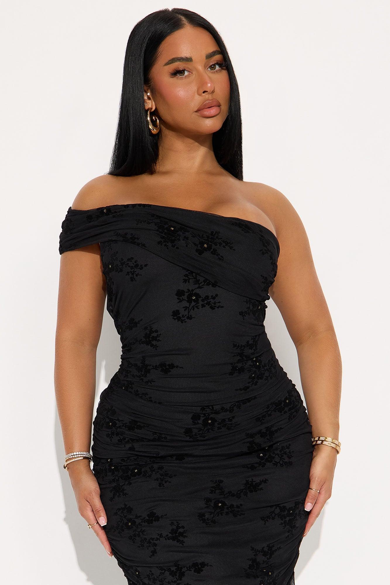 Real Legacy Flocked Mesh Midi Dress - Black Female Product Image