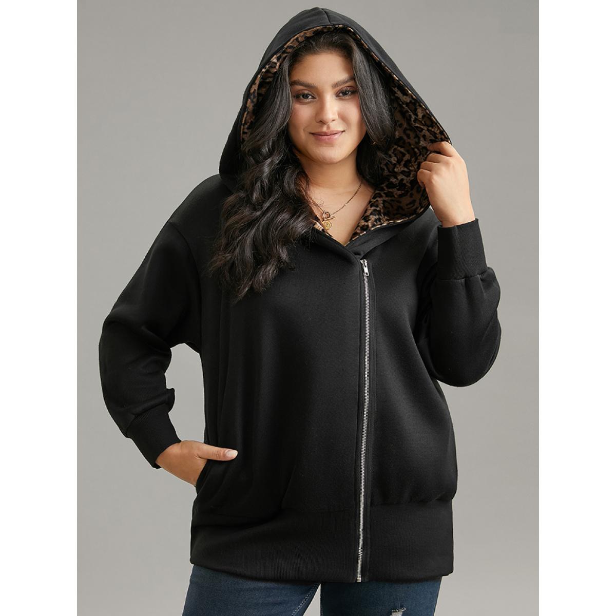 Plus Size Leopard Patchwork Zipper Hooded Jacket Women Black Contrast Pocket Dailywear Jackets BloomChic 18-20/2X Product Image