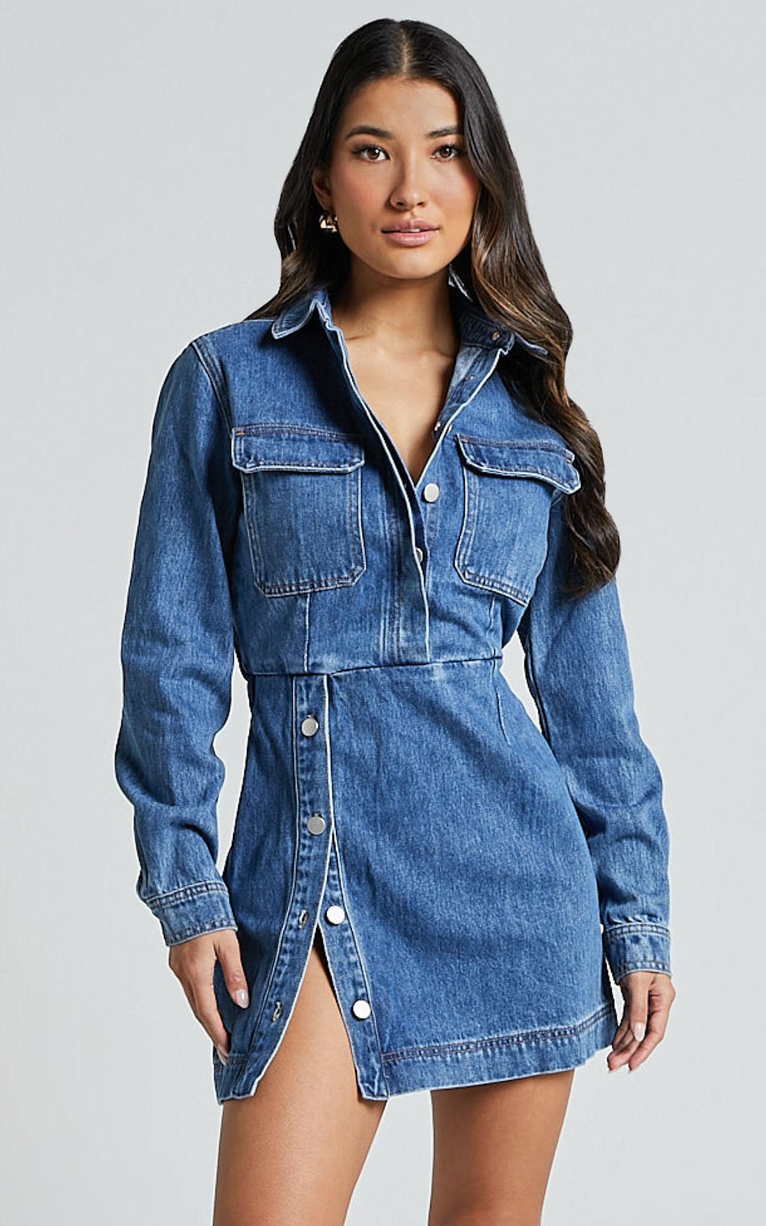 Ainsley Mini Dress - Button Through Long Sleeve Denim Dress in Mid Blue Wash Product Image