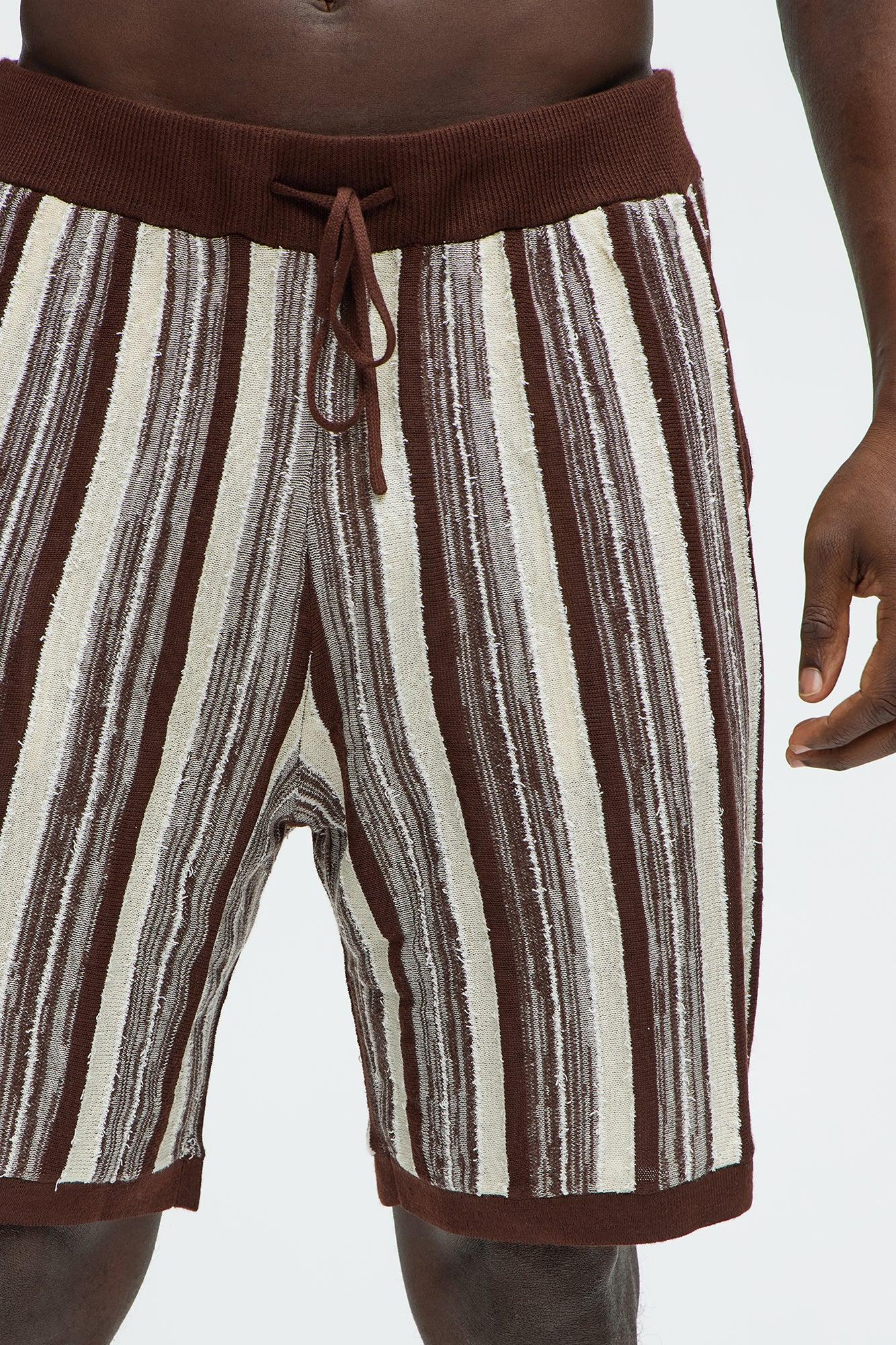 Textured Stripes Knitted Shorts - Brown/combo Product Image
