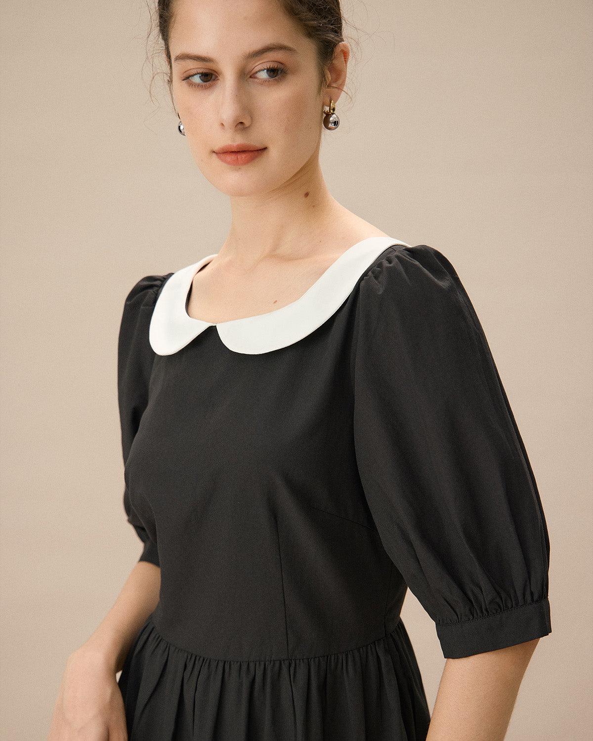 Black Contrasting Puffed Sleeve Maxi Dress Product Image