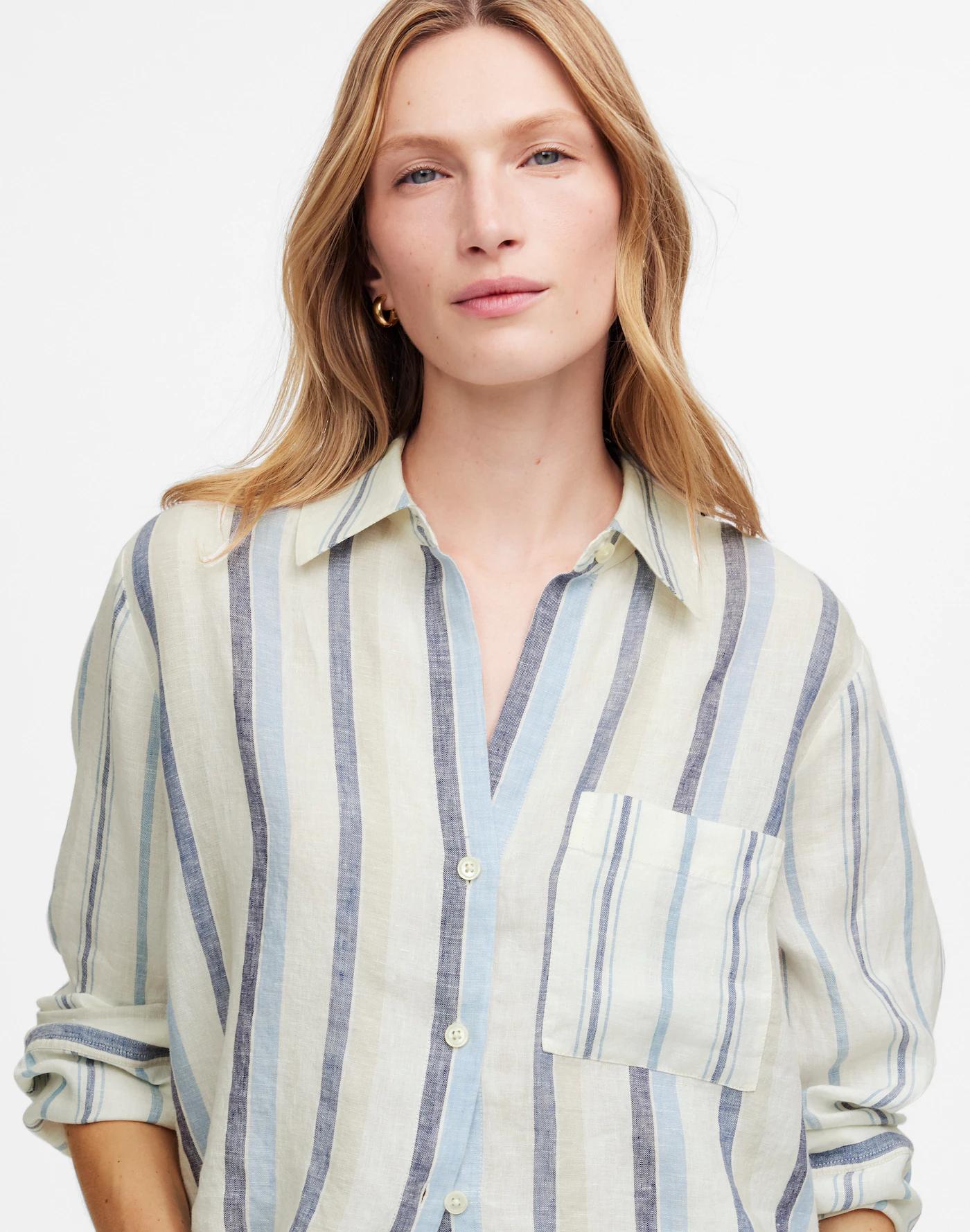 Linen Easy Y-Neck Button-Up Shirt in Mixed Stripe Product Image