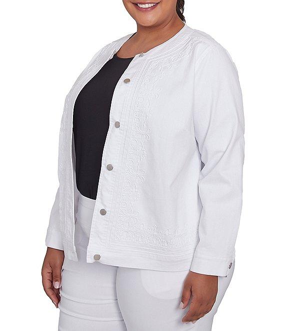 Ruby Rd. Plus Size Embroidered Round Neck Long Sleeve Button-Front Denim Jacket Product Image