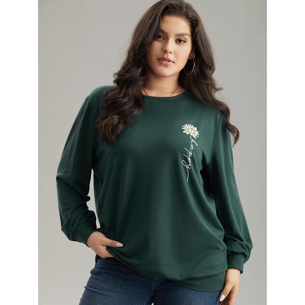 Plus Size Floral Print Round Neck Sweatshirt Women DarkGreen Casual Printed Dailywear Sweatshirts BloomChic 14-16/1X Product Image