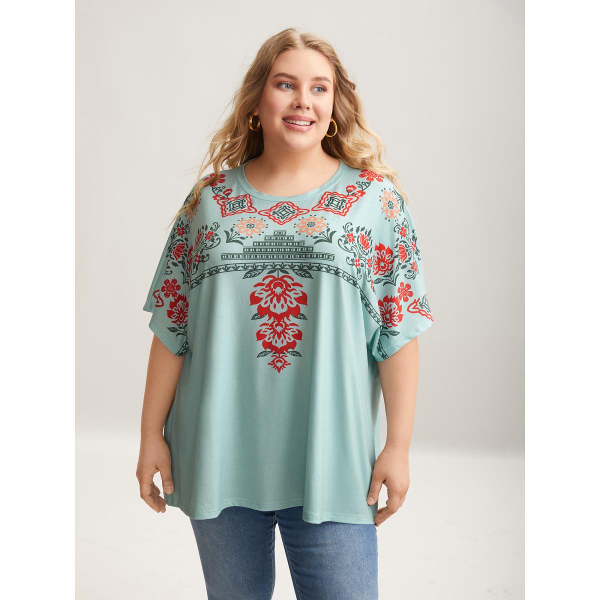 Plus Size Boho Print Stretchy Half Sleeve T-Shirt Greenbean Women Casual Non Round Neck Everyday T-shirts BloomChic 18-20/2X Product Image