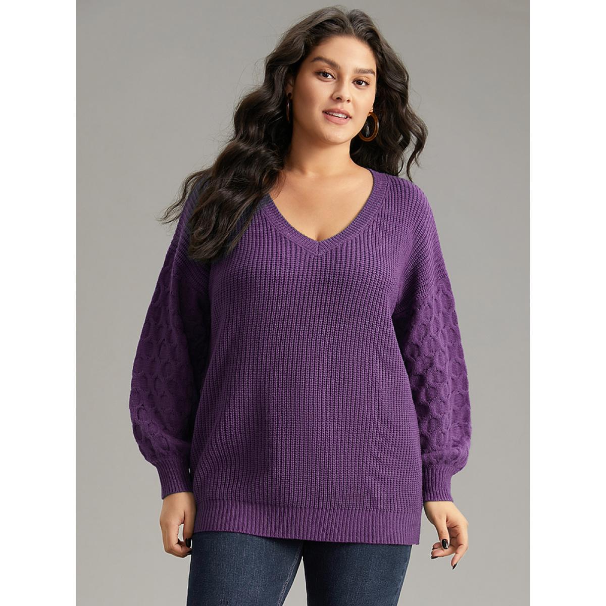 Plus Size Solid Cable Knit V Neck Drop Shoulder Pullover Purple Women Casual Long Sleeve V-neck Everyday Pullovers BloomChic 10/M Product Image