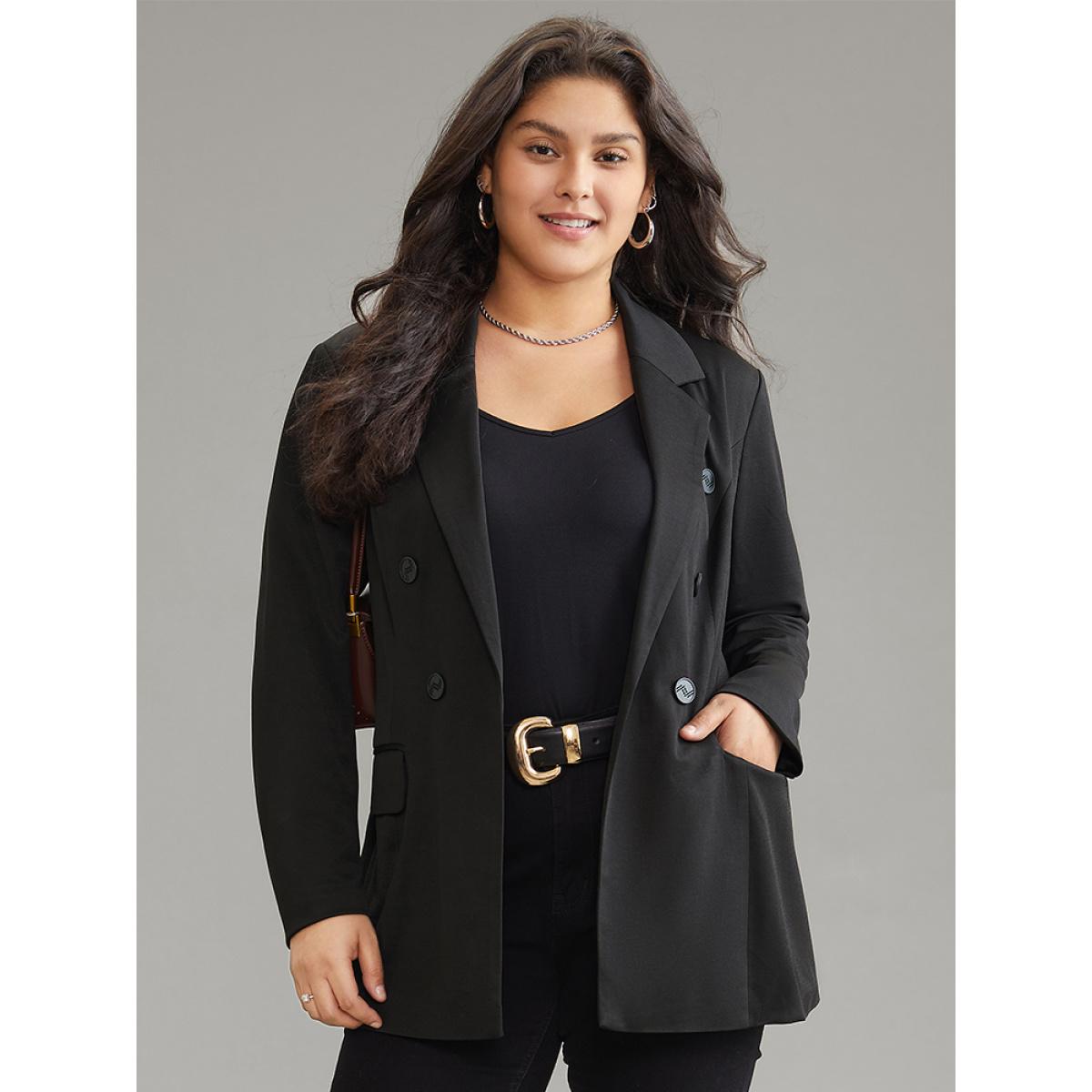 Plus Size Plain Suit Collar Pocket Button Up Blazer Black Women Dailywear Plain Lined Sleeve Long Sleeve Suit Collar 18-20/2X Pocket Elegant Blazers BloomChic Product Image